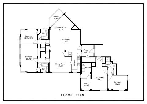 A black and white floor plan of a house with a terrace, garden room, and two living rooms.